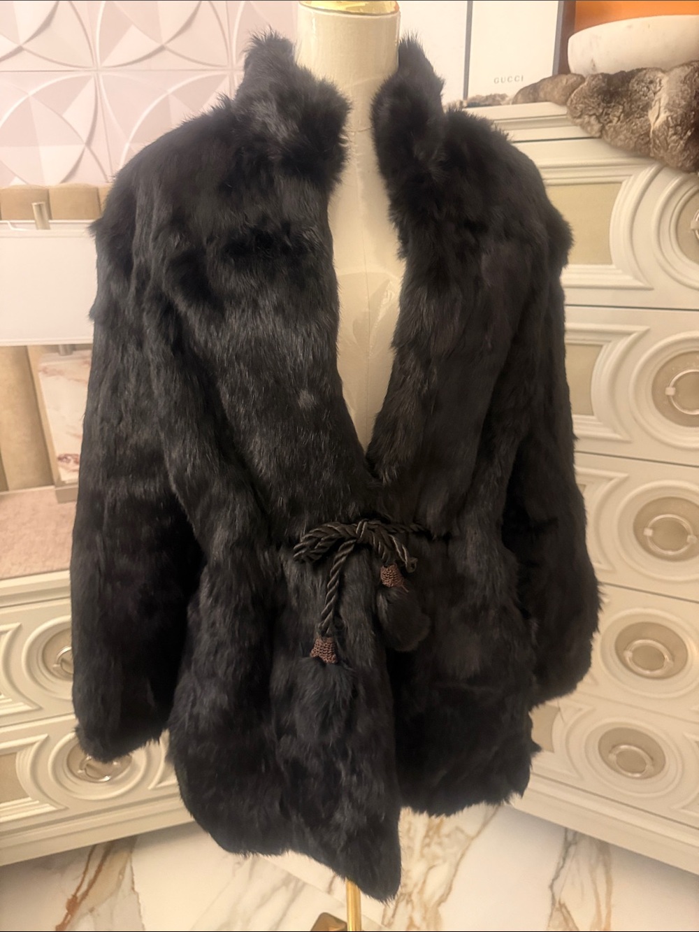 Real fur coat black rabbit medium